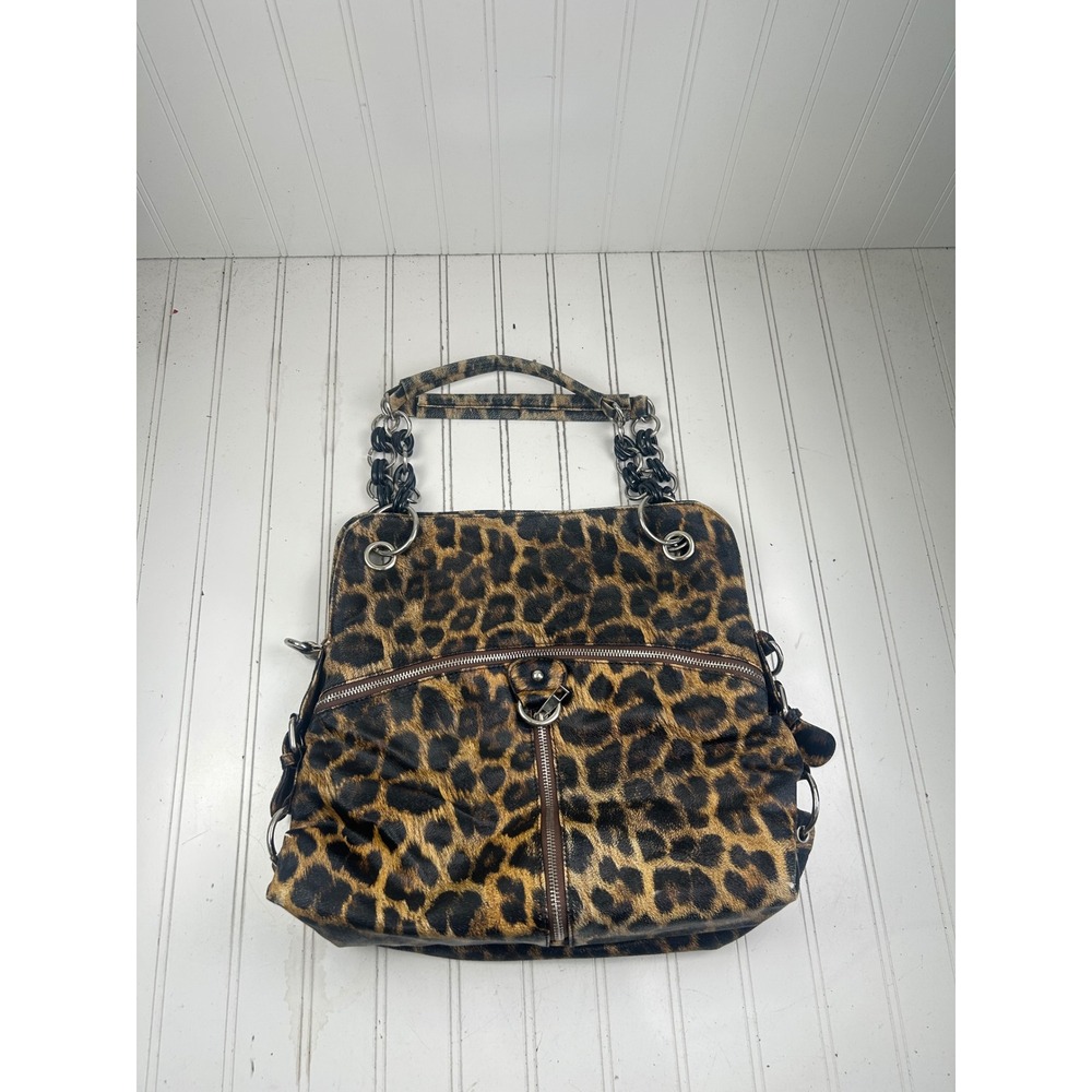 Leopard Print Slouchy Punk Grunge Edgy Vintage Y2K Chain Strap Shoulder Bag - Picture 11 of 13